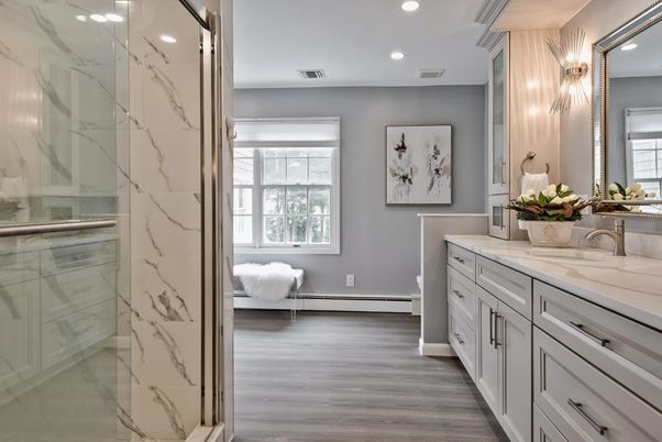 Bathroom, Glass Shower, Interior, Marble Walls, Recessed Lighting, Wood Texture Flooring
