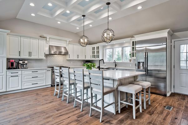 Interior, Kitchen, Pendant Lights, Recessed Lighting, Stainless Steel Appliances, Wood Texture Flooring