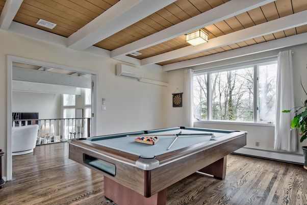 Billiard Table, Game Room, Interior, Wooden Ceilings, Wood Texture Flooring