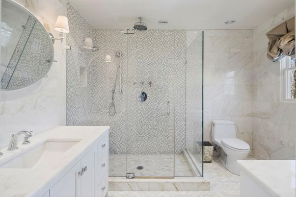 Bathroom, Glass Shower, Interior, Marble Walls, Recessed Lighting