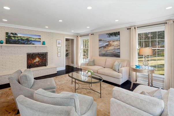 Fireplace, Interior, Living room, Recessed Lighting, Stone Walls
