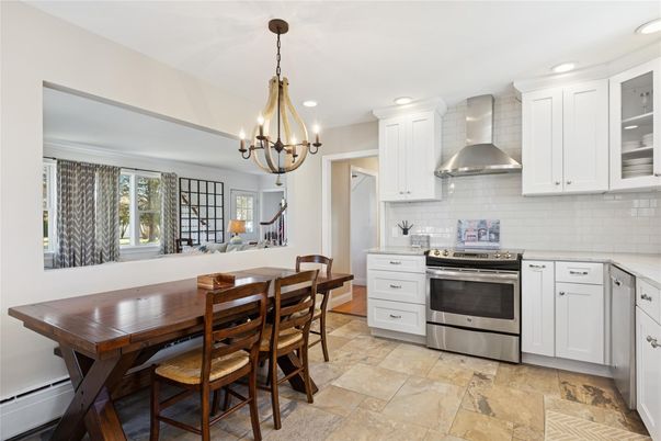 Chandelier, Dining room, Interior, Kitchen, Pendant Lights, Recessed Lighting, Stainless Steel Appliances