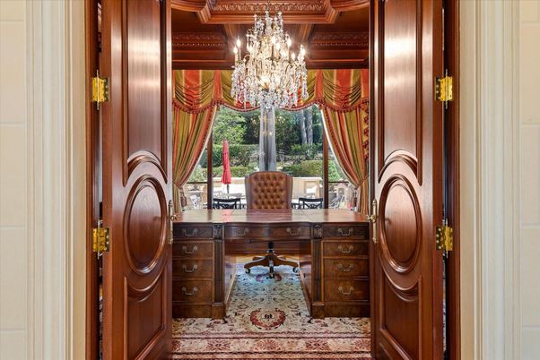 Chandelier, Home Office, Interior, Wooden Beams