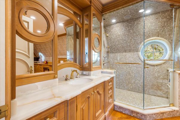 Bathroom, Glass Shower, Interior, Recessed Lighting, Wood Texture Flooring