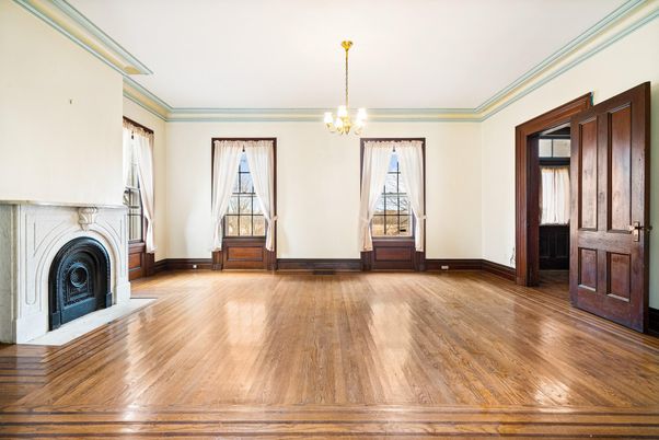 Chandelier, Empty room, Fireplace, Interior, Wood Texture Flooring