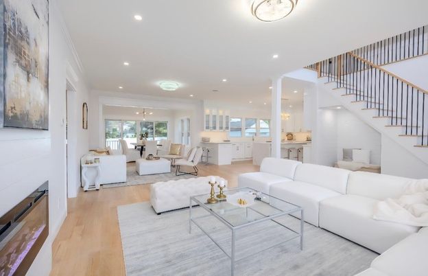 Dining room, Fireplace, Interior, Living room, Pendant Lights, Recessed Lighting, Wood Texture Flooring