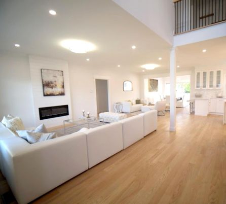 Fireplace, Interior, Living room, Recessed Lighting, Wood Texture Flooring
