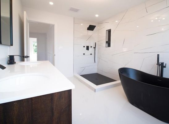 Bathroom, Free Standing Baths, Glass Shower, Interior, Marble Walls, Recessed Lighting