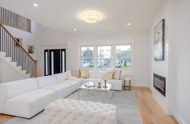 Fireplace, Interior, Living room, Recessed Lighting, Water, Wood Texture Flooring