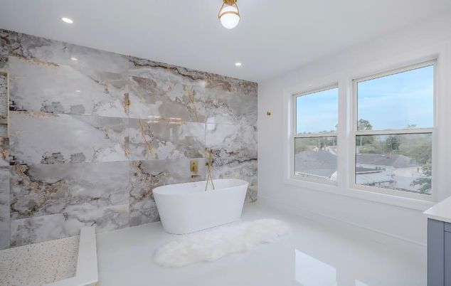 Bathroom, Free Standing Baths, Interior, Marble Walls, Recessed Lighting