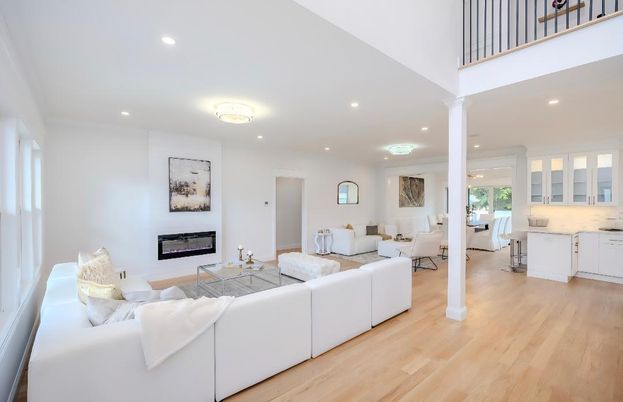 Fireplace, Interior, Living room, Recessed Lighting, Wood Texture Flooring