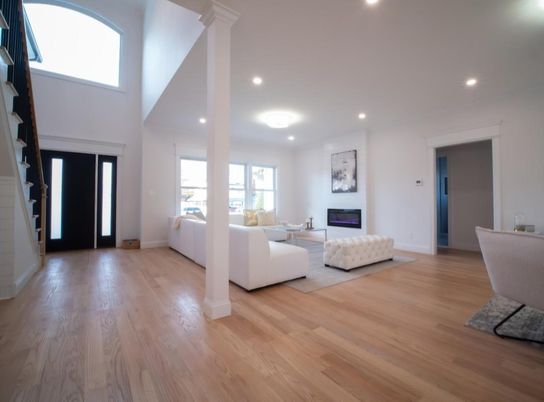 Fireplace, Interior, Living room, Recessed Lighting, Wood Texture Flooring
