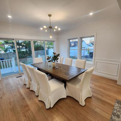Dining room, Interior, Pendant Lights, Recessed Lighting, Wood Texture Flooring