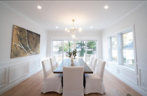 Dining room, Interior, Pendant Lights, Recessed Lighting, Wood Texture Flooring