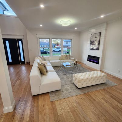 Fireplace, Interior, Living room, Recessed Lighting, Wood Texture Flooring