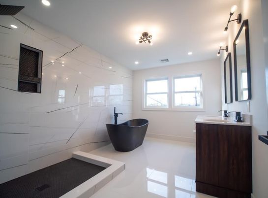 Bathroom, Dual Sink Vanities, Free Standing Baths, Interior, Marble Walls, Recessed Lighting