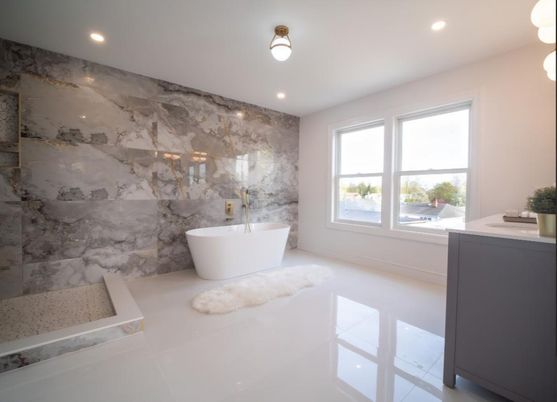 Bathroom, Free Standing Baths, Interior, Marble Walls, Recessed Lighting