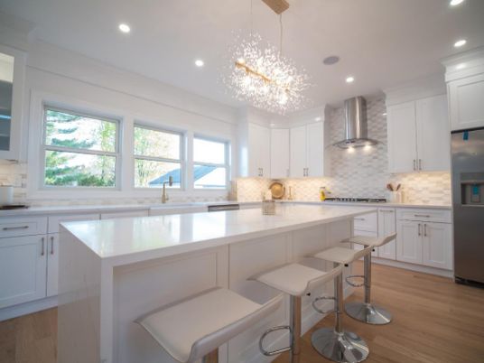 Chandelier, Interior, Kitchen, Pendant Lights, Recessed Lighting, Stainless Steel Appliances, Wood Texture Flooring