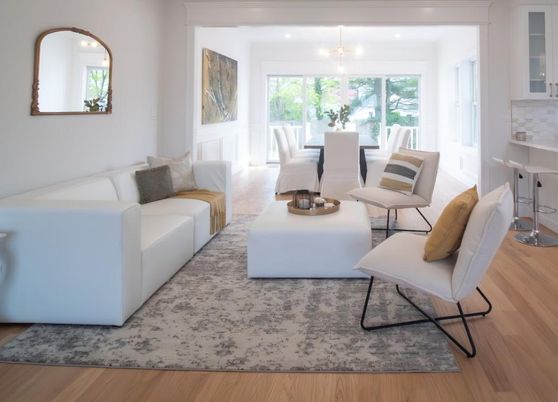 Dining room, Interior, Living room, Pendant Lights, Wood Texture Flooring