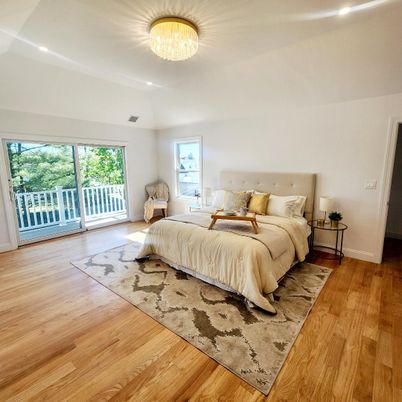 Bedroom, Chandelier, Interior, Recessed Lighting, Wood Texture Flooring
