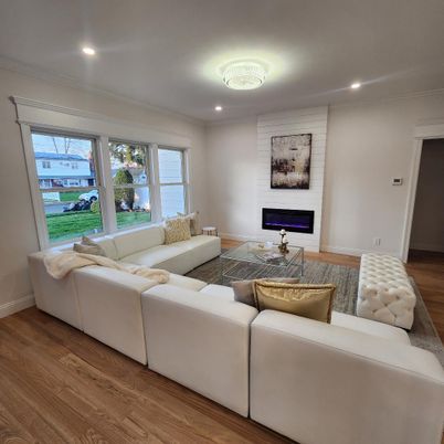 Fireplace, Interior, Living room, Recessed Lighting, Wood Texture Flooring