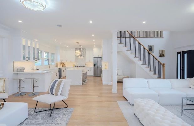 Interior, Kitchen, Living room, Pendant Lights, Recessed Lighting, Wood Texture Flooring