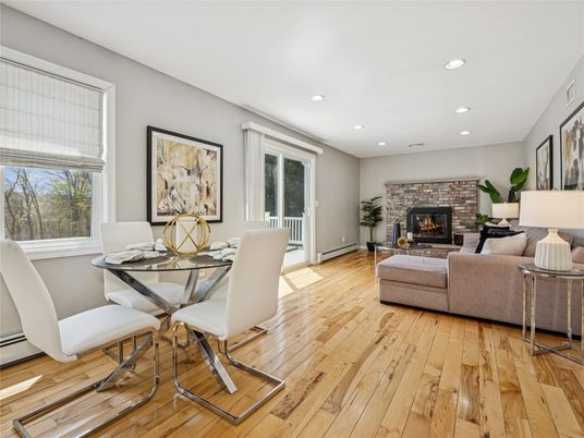 Dining room, Fireplace, Interior, Living room, Recessed Lighting, Wood Texture Flooring