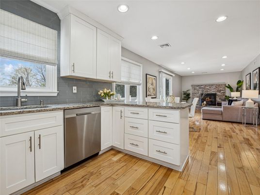 Fireplace, Interior, Kitchen, Living room, Recessed Lighting, Stainless Steel Appliances, Wood Texture Flooring
