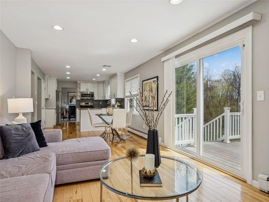 Dining room, Interior, Kitchen, Living room, Recessed Lighting, Stainless Steel Appliances, Wood Texture Flooring