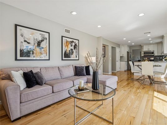 Dining room, Interior, Kitchen, Living room, Recessed Lighting, Stainless Steel Appliances, Wood Texture Flooring