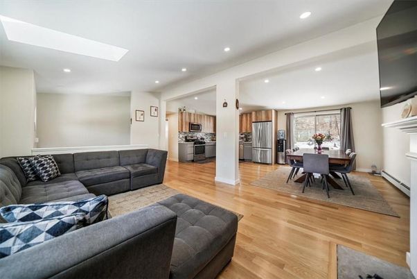 Dining room, Interior, Kitchen, Living room, Recessed Lighting, Stainless Steel Appliances, Wood Texture Flooring