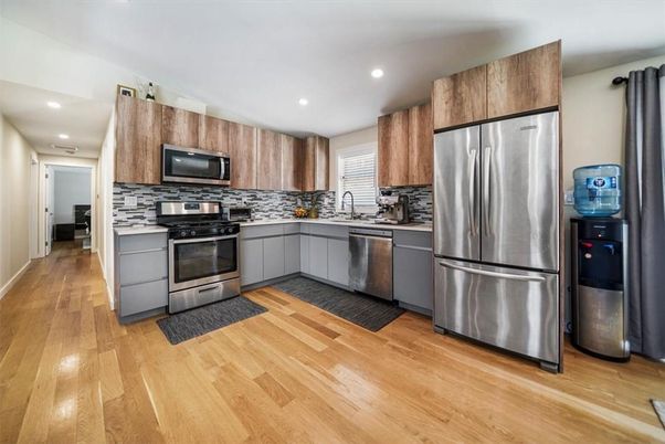 Interior, Kitchen, Recessed Lighting, Stainless Steel Appliances, Wood Texture Flooring