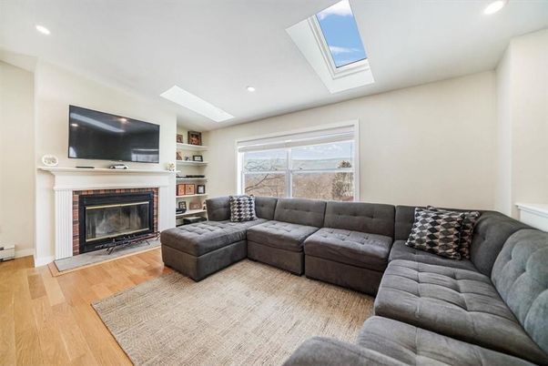 Fireplace, Interior, Living room, Recessed Lighting, Wood Texture Flooring