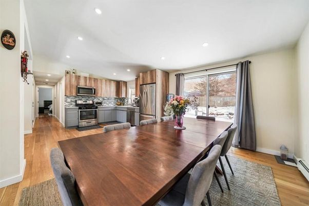 Dining room, Interior, Kitchen, Recessed Lighting, Stainless Steel Appliances, Wood Texture Flooring