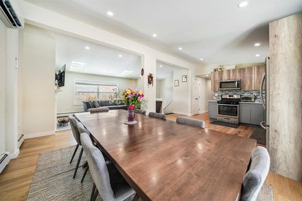 Dining room, Interior, Kitchen, Recessed Lighting, Stainless Steel Appliances, Wood Texture Flooring