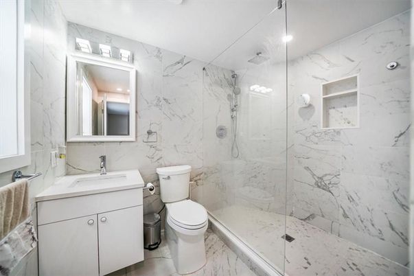 Bathroom, Glass Shower, Interior, Marble, Marble Walls, Recessed Lighting