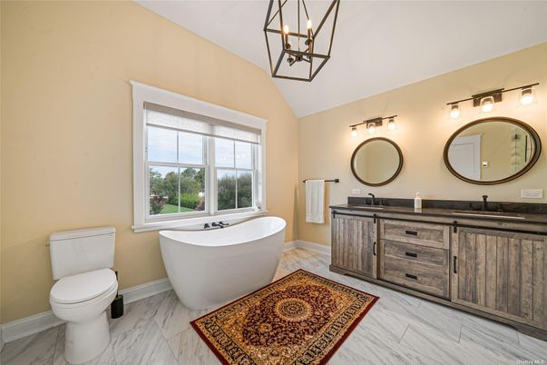 Bathroom, Dual Sink Vanities, Free Standing Baths, Interior, Marble, Pendant Lights
