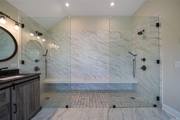 Bathroom, Glass Shower, Interior, Marble, Marble Walls, Recessed Lighting