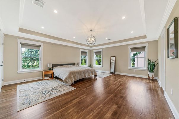 Bedroom, Chandelier, Interior, Recessed Lighting, Wood Texture Flooring