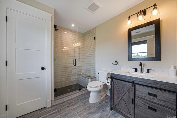 Bathroom, Glass Shower, Interior, Recessed Lighting, Wood Texture Flooring