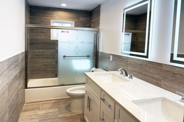 Bathroom, Dual Sink Vanities, Interior, Recessed Lighting, Wood Texture Flooring
