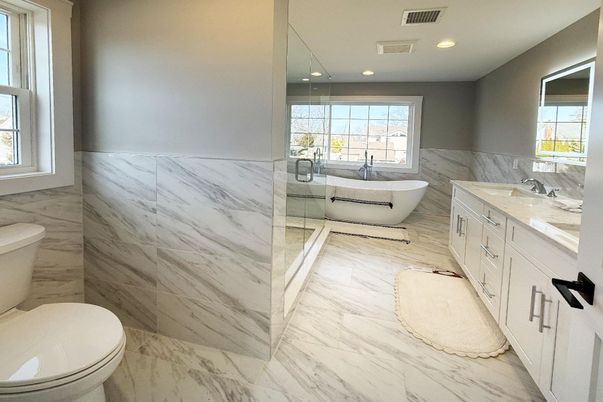 Bathroom, Dual Sink Vanities, Free Standing Baths, Glass Shower, Interior, Marble, Marble Walls, Recessed Lighting