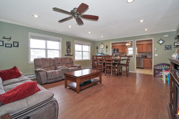 Dining room, Interior, Kitchen, Living room, Recessed Lighting, Wood Texture Flooring