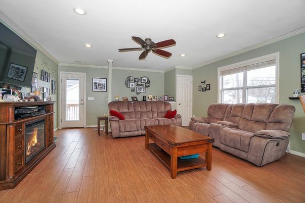 Fireplace, Interior, Living room, Recessed Lighting, Wood Texture Flooring