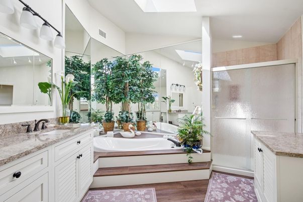 Bathroom, Dual Sink Vanities, Glass Shower, Interior, Wood Texture Flooring