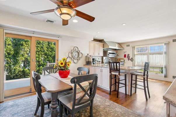 Dining room, Interior, Kitchen, Recessed Lighting, Stainless Steel Appliances, Wood Texture Flooring