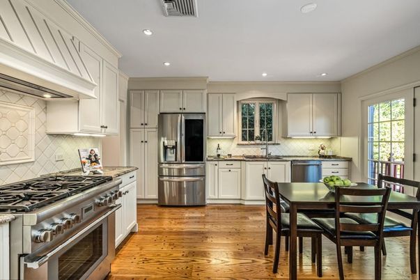 Dining room, Interior, Kitchen, Recessed Lighting, Stainless Steel Appliances, Wood Texture Flooring