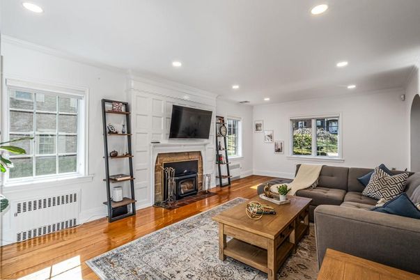 Fireplace, Interior, Living room, Recessed Lighting, Wood Texture Flooring