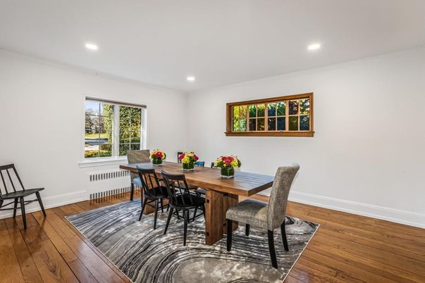 Dining room, Interior, Recessed Lighting, Wood Texture Flooring