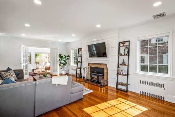 Fireplace, Interior, Living room, Recessed Lighting, Wood Texture Flooring